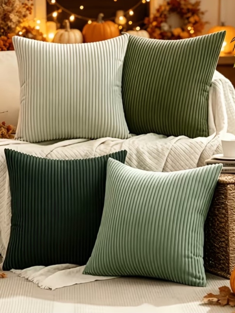 FRESH GREENS ll - Set of 4 Super Soft Ribbed Square Throw Pillow Cases -18 x 18